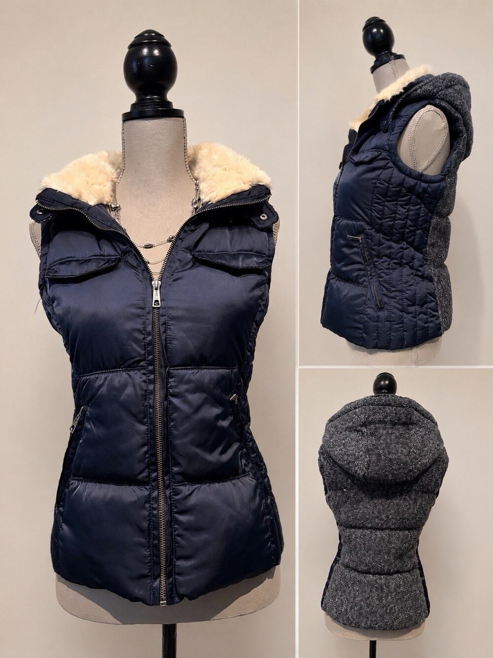 Zara Trafaluc Women’s Hooded Puffer Vest Faux Fur – Navy Blue Size S